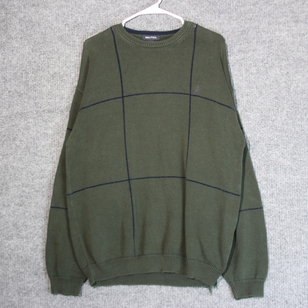 Nautica Mens Green Grid Crew Neck Pullover Sweater Size L Cotton Acrylic